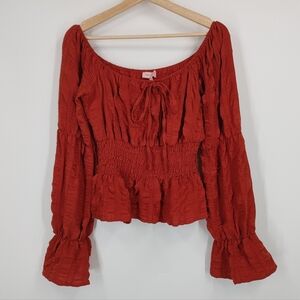 Rust Red Peasant Blouse with Smocked Waist